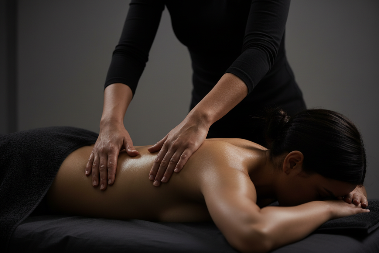 close up of a massage with therapist wearing black and nothing in the background and dark bedding