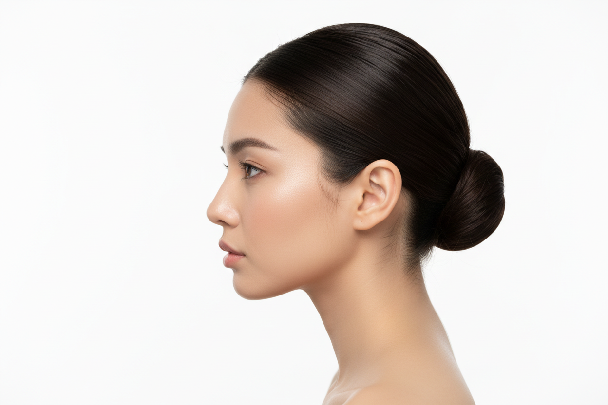 side view of a face with smooth clear skin nothing in the background